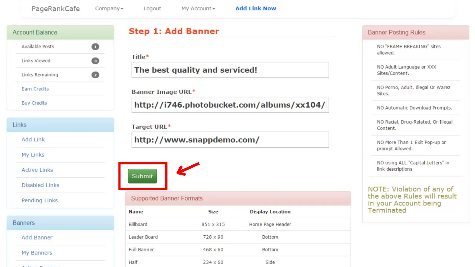 A screenshot of the Banner Details page with the submit button highlighted